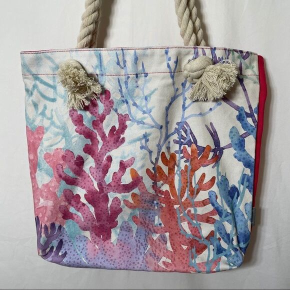 Coral Print Rope Handle Small Beach Tote Bag - Picture 2 of 11